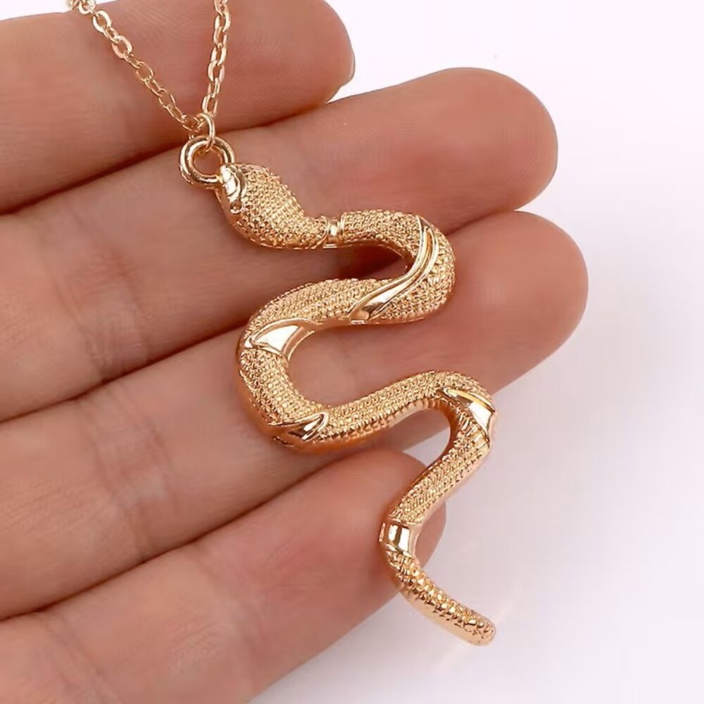 Snake Necklace Gold Serpent Trendy Stylish Glam Statement Textured Goth Reptile